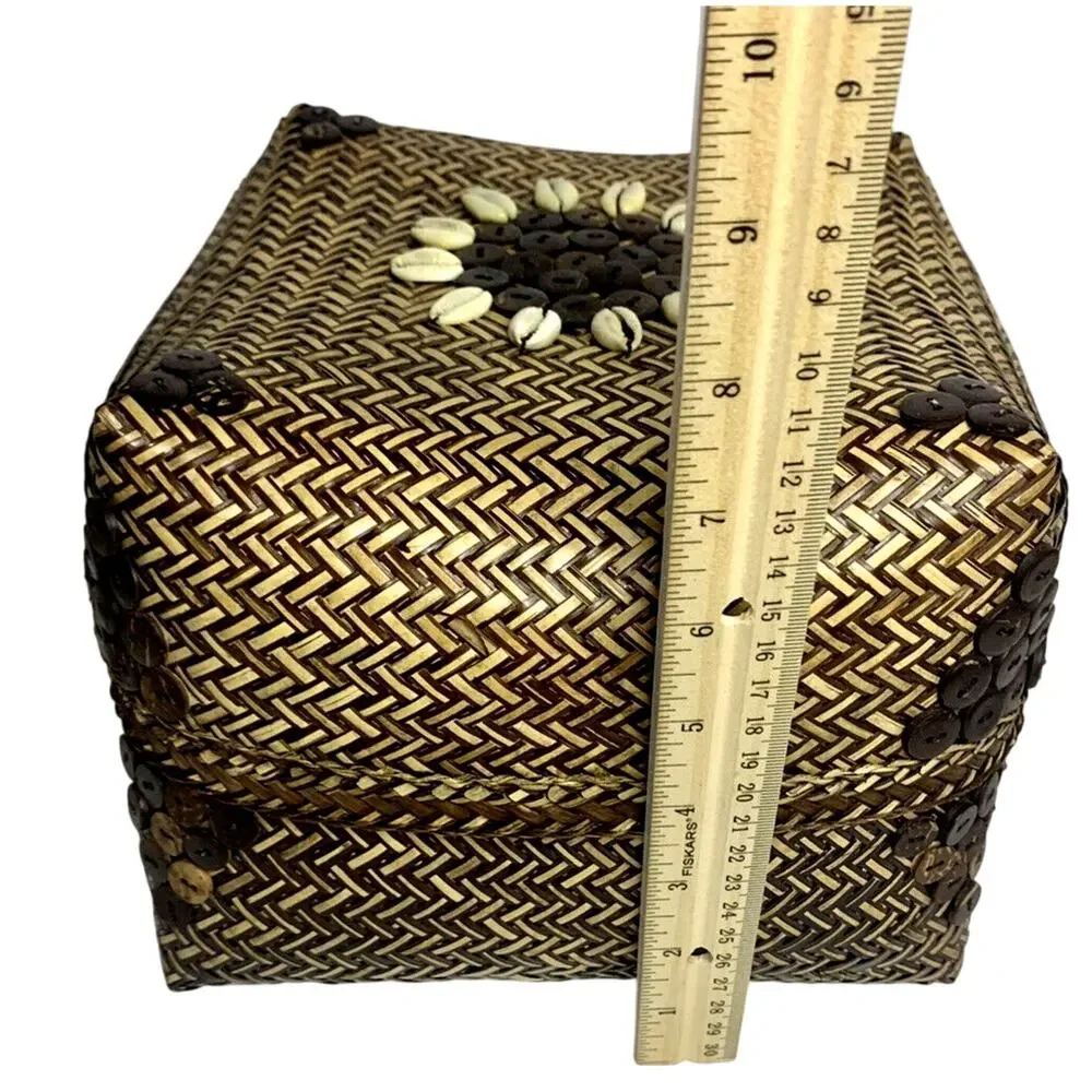 Square Chunky Hand Woven Nesting Baskets Shell & Button Lid Storage Boho Coastal